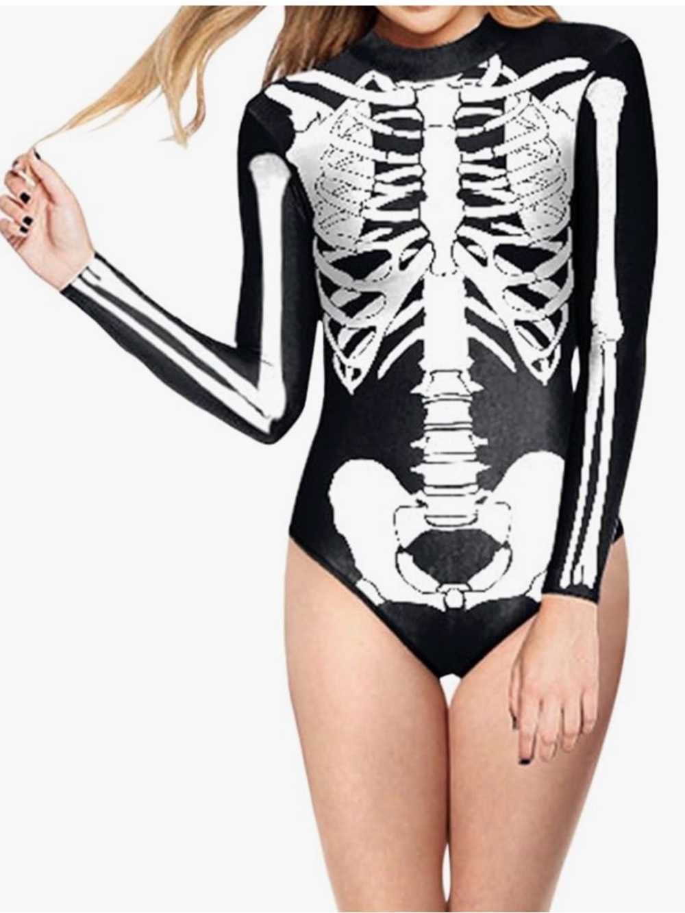 NWOT Women's Skeleton Print Long Sleeve Bodysuit Halloween Costume Size S/M